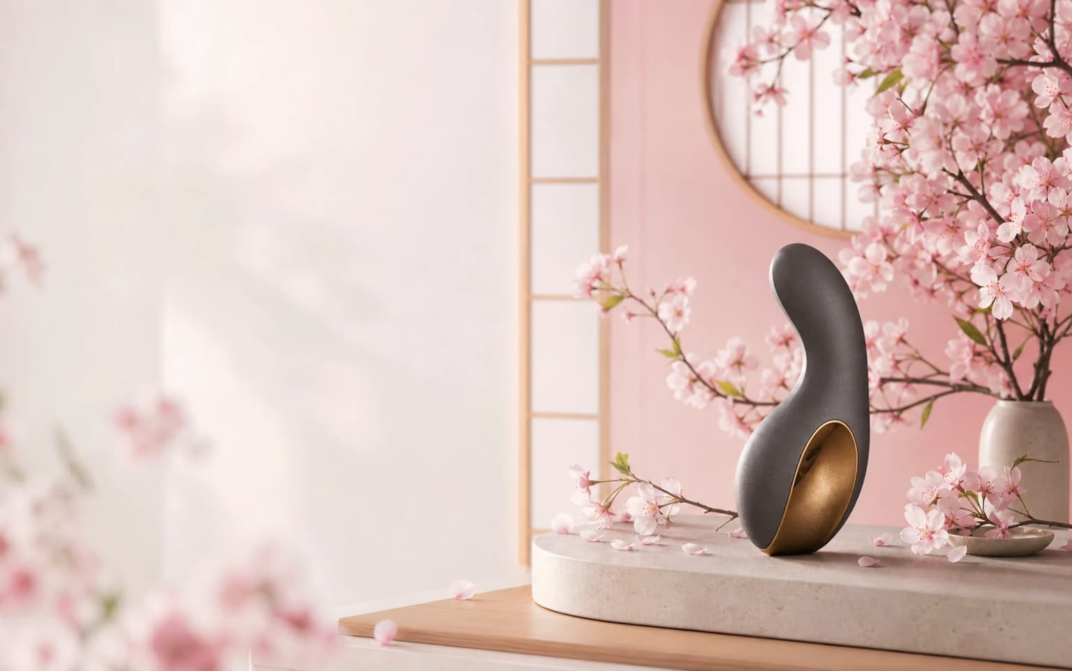 Sextoy sculptural présenté dans une ambiance claire avec verre fumé, pierre, soie et fleurs roses