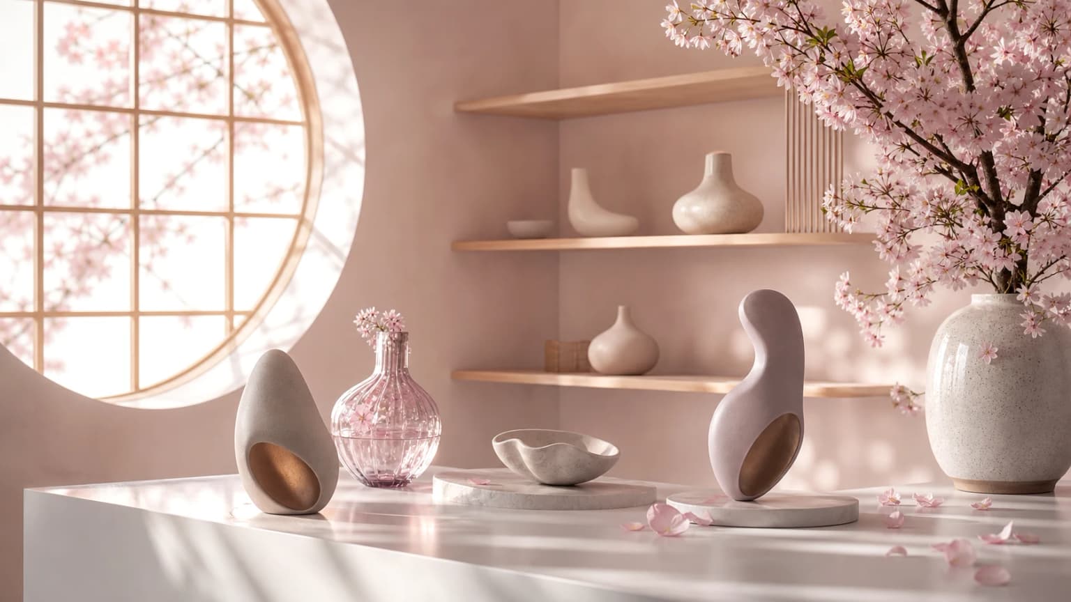 Composition PENZO claire avec verre fumé, pierre et fleurs rose framboise